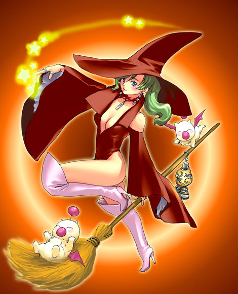 artist_request blue_eyes boots breasts broom cleavage earrings final_fantasy final_fantasy_vi green_hair hat high_heels jewelry lamp large_breasts leotard long_hair moogle pink_footwear red_leotard ring shoes solo thigh_boots thighhighs tina_branford witch_hat