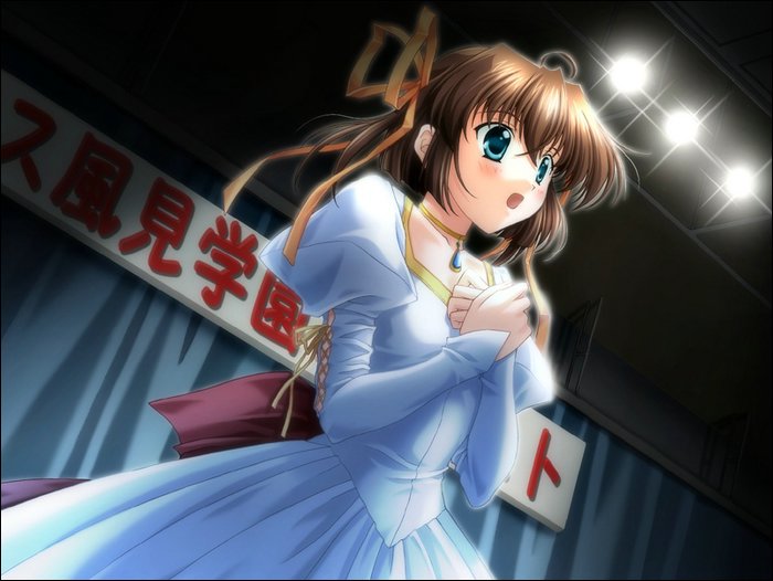 :o asakura_nemu blue_eyes brown_hair curtains da_capo da_capo_i dress dutch_angle game_cg indoors juliet_sleeves lights long_sleeves music nanao_naru open_mouth own_hands_together puffy_sleeves short_hair singing solo stage_lights text_focus white_dress