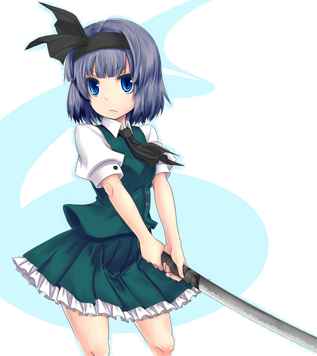 blue_eyes hitodama konpaku_youmu konpaku_youmu_(ghost) kuroneko_jiji short_hair solo sword touhou weapon