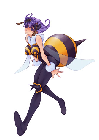 antennae bee_girl breasts fuyube_rion insect_girl large_breasts lowres monster_girl purple_eyes purple_hair q-bee solo vampire_(game) wings