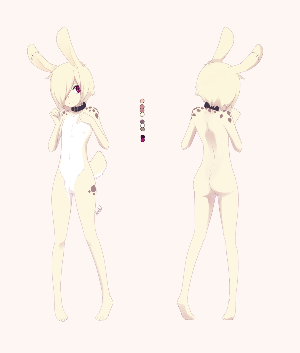 collar flaccid girly hair lagomorph long_ears male mammal model_sheet nedoiko nude penis purple_eyes rabbit short_tail spots stitches white_hair yoshino_iko