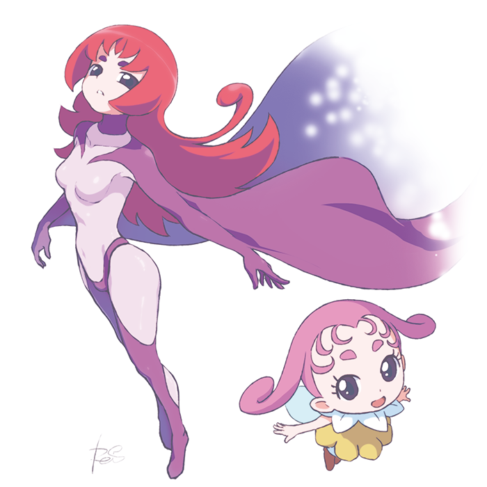 2girls :d black_eyes bodysuit breasts cape chibi commentary_request copyright_request flying long_hair looking_at_viewer multiple_girls open_mouth parted_lips purple_cape red_hair reiesu_(reis) simple_background small_breasts smile white_background