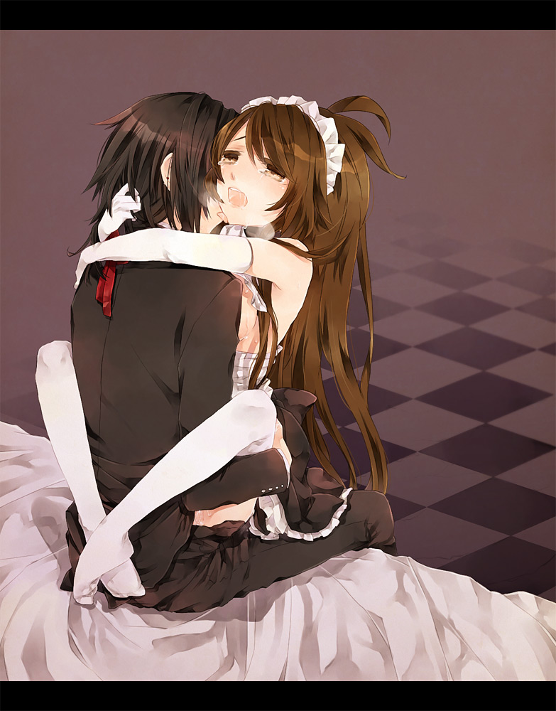 1girl bad_id bad_pixiv_id bare_shoulders bed blush breasts breath brown_background brown_eyes brown_hair checkered checkered_floor clothed_sex crossed_ankles elbow_gloves girl_on_top gloves happy_sex hatono_haru heavy_breathing hetero hug leg_lock letterboxed licking long_hair maid maid_headdress medium_breasts open_mouth orgasm original pussy_juice saliva sex sideboob straddling sweat tears thighhighs torogao upright_straddle very_long_hair white_gloves white_legwear