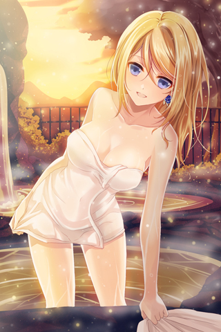 arm_behind_back banned_artist bare_shoulders blonde_hair blue_eyes breasts collarbone earrings hair_between_eyes holding jewelry long_hair lowres onsen open_mouth reum rose_pacifica small_breasts smile solo standing sword_girls towel wet