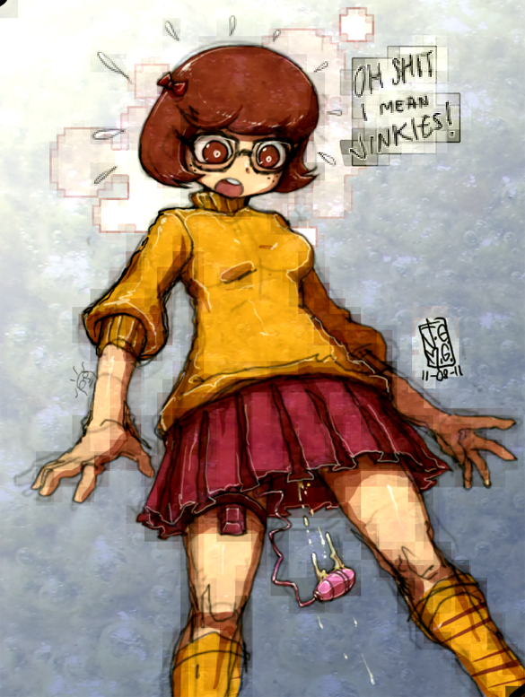 bob_cut brown_eyes brown_hair english female_pervert freckles glasses hanna-barbera j-e-m-g kneehighs orange_shirt pervert pleated_skirt profanity pussy_juice scooby-doo shirt short_hair signature skirt sleeves_pushed_up solo sweater thigh_strap turtleneck velma_dace_dinkley vibrator vibrator_under_clothes