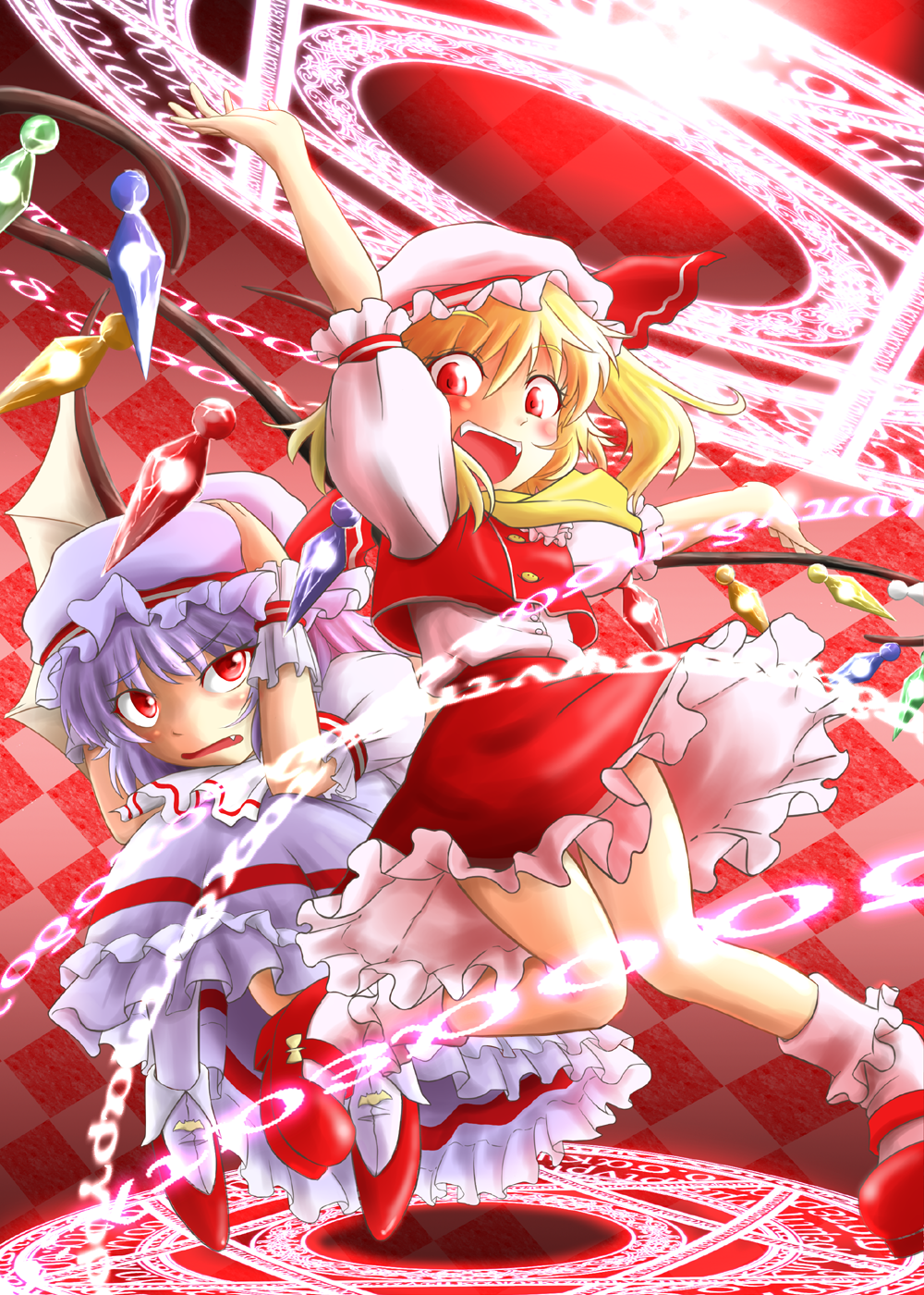arm_up ascot bat_wings blonde_hair blush checkered checkered_background cowering fang fangs flandre_scarlet hands_on_own_head hat hat_ribbon highres knees_touching lavender_hair magic_circle mary_janes multiple_girls open_mouth outstretched_arms red_eyes remilia_scarlet ribbon shoes short_hair siblings side_ponytail sisters skirt skirt_set tamasan touhou wings