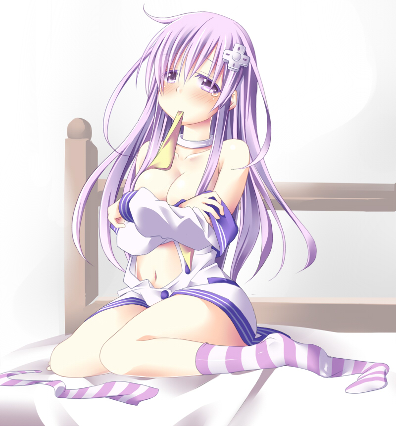 bad_feet bare_shoulders bed biting blush breasts choker choujigen_game_neptune_mk2 cleavage collarbone colored_eyelashes covering covering_breasts d-pad d-pad_hair_ornament ears hair_ornament long_hair medium_breasts minagi mouth_hold navel nepgear neptune_(series) on_bed purple_eyes purple_hair single_sock sitting sitting_on_bed socks solo striped striped_legwear tears undressing very_long_hair wariza