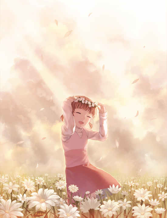 ^_^ artist_name bad_id bad_pixiv_id brown_hair child closed_eyes doujima_nanako field flower happy head_wreath light_rays open_mouth persona persona_4 petals robinexile short_hair short_twintails skirt sky smile solo sunbeam sunlight sweater twintails wreath