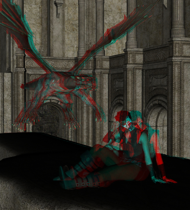 anaglyph attack black_hair boots bracelet building claws disturbed_(artist) dragon face_mask face_paint fangs feral goth hair human imminent_death jewelry leaning male mammal oblivious scalie sitting stereogram teeth unaware vest wings wrist_wear