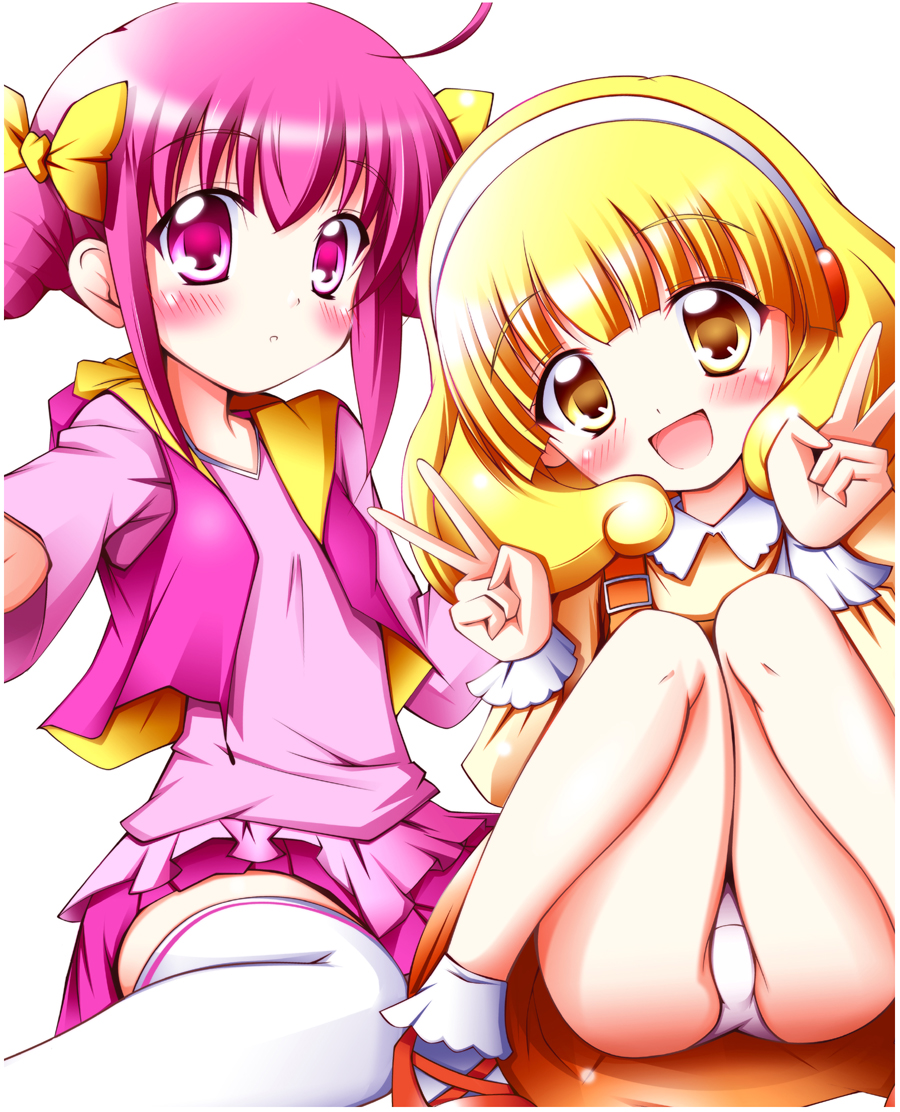 :d bare_legs blonde_hair bow casual double_v hair_bow hairband hoshizora_miyuki kise_yayoi mary_janes multiple_girls open_mouth panties pantyshot pantyshot_(sitting) pink_eyes pink_hair pink_vest precure shirt shoes short_hair short_twintails sitting skirt smile smile_precure! taroimo thighhighs twintails underwear v vest white_background white_hairband white_legwear white_panties yellow_eyes