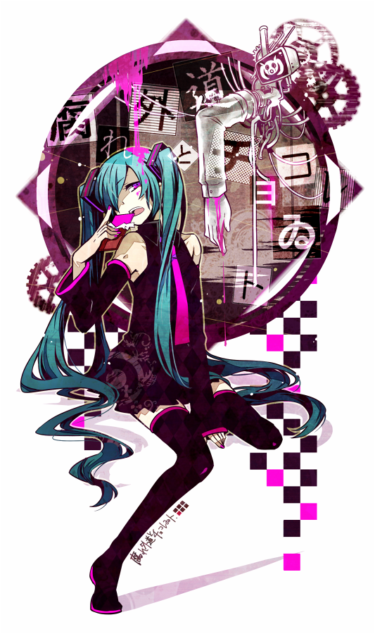 aqua_hair boots detached_sleeves hair_over_one_eye hatsune_miku kusare_gedou_to_chokorewito_(vocaloid) long_hair necktie open_mouth pink_eyes sitting skirt solo thigh_boots thighhighs twintails very_long_hair vocaloid vocaloid_(lat-type_ver) yosakuh