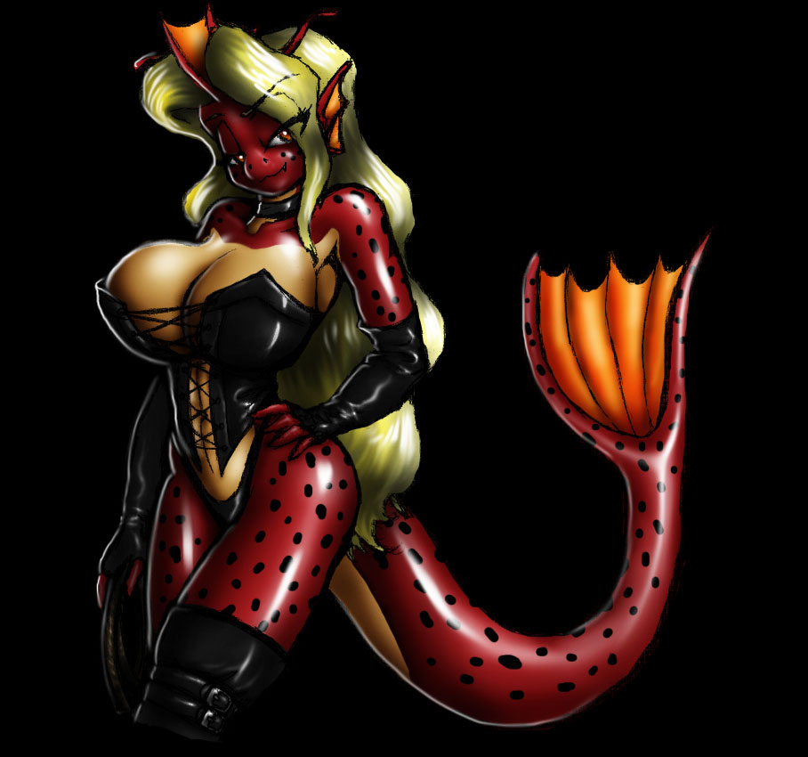 big_breasts blonde_hair boots breasts cleavage clothed clothing collar corset crossgender female fins godzilla_(series) hair kaiju looking_at_viewer marauder6272 marine pose red_eyes shiny solo standing thong titanna titanosaurus whip