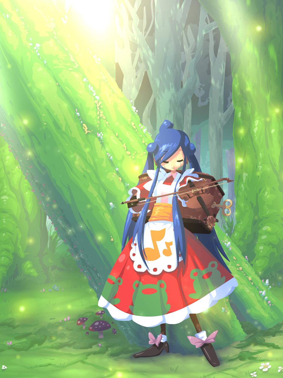 android apron blue_hair bow closed_eyes commentary dress flower forest frog highres instrument john_su long_hair mushroom music_box musical_note nature original smile solo tree very_long_hair viola_(instrument)