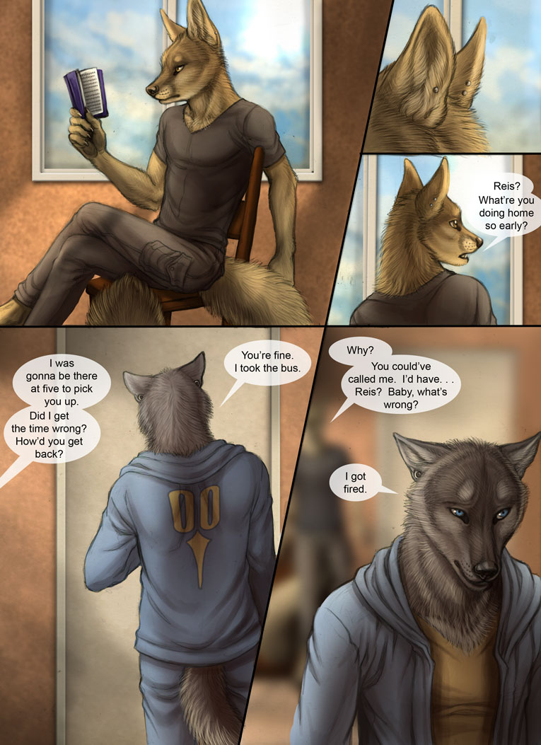 canine clothing comic concern dialog drama ear_piercing english_text fennec fox gay grey_wolf male mammal marcus piercing reis rukis text wolf yellow_eyes