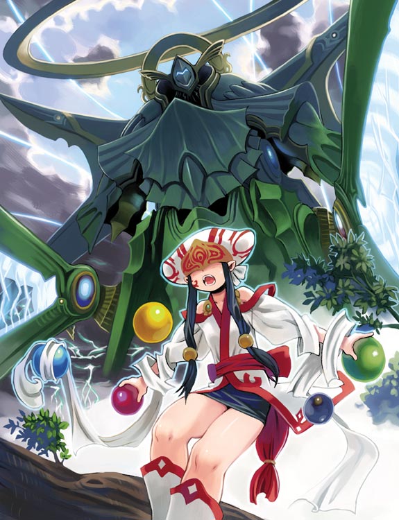 bare_shoulders battle black_hair boots character_request day duel_masters dutch_angle giant hat_over_eyes japanese_clothes kimono lightning long_hair nature open_mouth orb outdoors pointy_ears ryoji_(nomura_ryouji) sash sidelocks sky storm tree very_long_hair