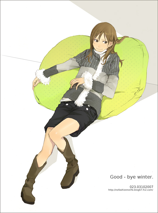 bean_bag_chair black_shorts blush boots brown_eyes brown_footwear brown_hair buttons coat dated english fashion fur-trimmed_coat fur-trimmed_sleeves fur_trim grey_coat hand_on_own_stomach long_hair long_sleeves number original shorts sitting smile solo watermark web_address yoshito