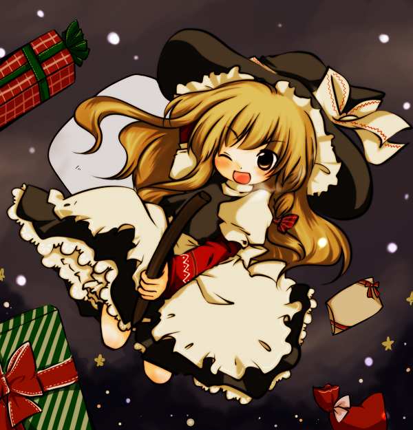 ;d apron bangs between_legs black_footwear black_hat black_skirt black_vest blonde_hair blush bow box braid broom broom_riding eyebrows eyebrows_visible_through_hair flying_sweatdrops frilled_apron frills full_body futami_yayoi gift gift_box hair_bow hat hat_bow hat_ribbon kirisame_marisa long_hair long_sleeves one_eye_closed open_mouth plaid puffy_short_sleeves puffy_sleeves red_bow ribbon riding sack shirt shoes short_over_long_sleeves short_sleeves single_braid skirt smile snowing solo star striped touhou vest waist_apron white_apron white_bow white_ribbon white_shirt witch_hat