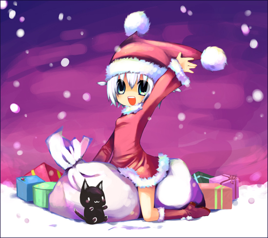 :d animal artist_request black_cat blush bobblehat box cat christmas full_body fur_trim gift gift_box green_eyes long_sleeves looking_at_viewer open_mouth original pointy_ears sack santa_costume short_hair silver_hair simple_background smile solo straddling upright_straddle