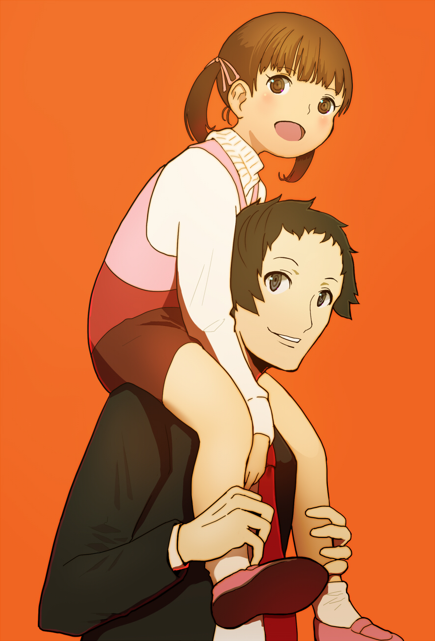 1boy 1girl adachi_tooru black_hair brown_eyes brown_hair child commentary_request doujima_nanako dress hasukawa_isaburou highres open_mouth persona persona_4 short_hair short_twintails skirt smile twintails