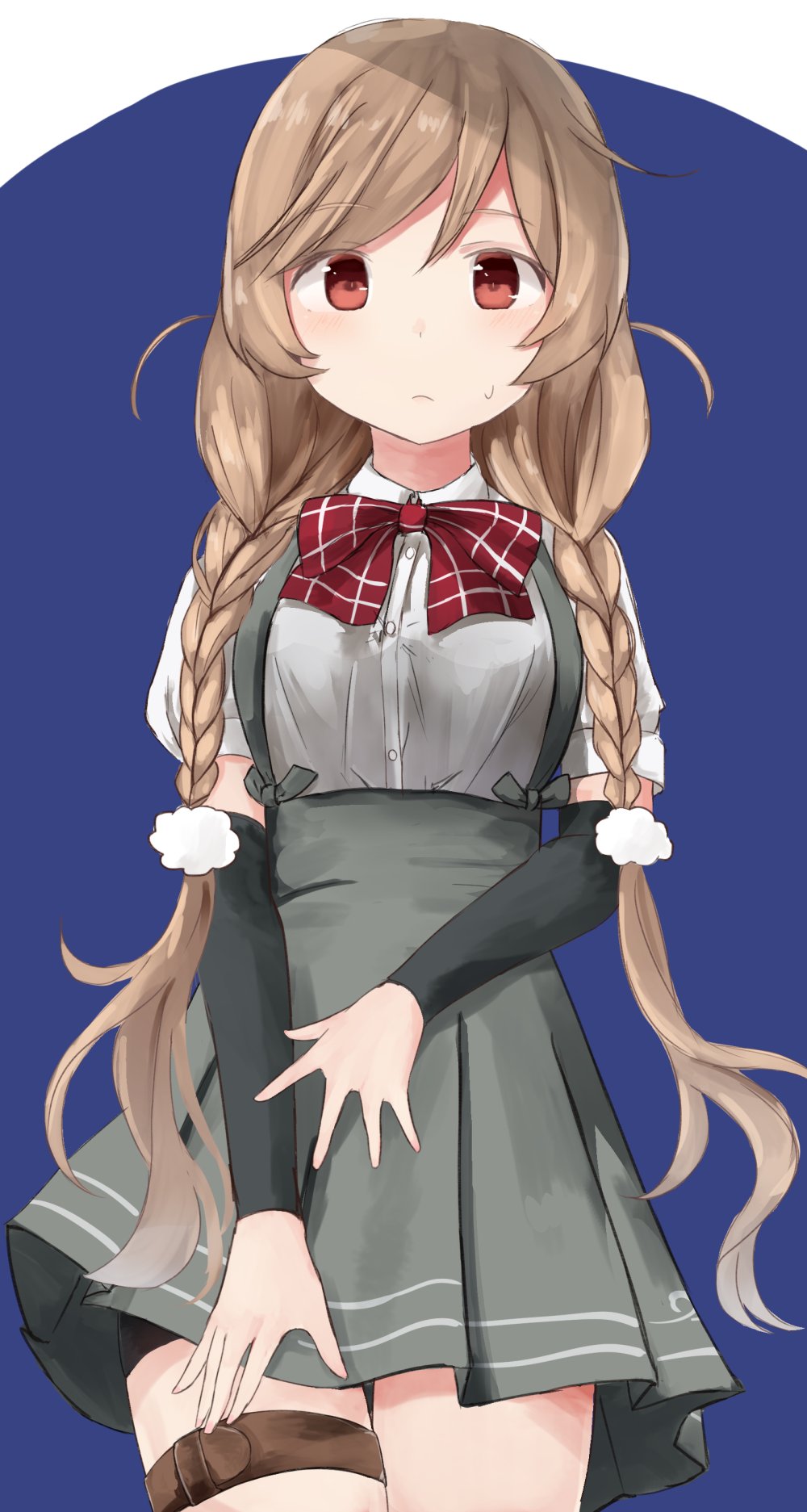 1girl black_legwear blue_background blush bow bowtie braid breasts collared_shirt cowboy_shot eyebrows_visible_through_hair grey_skirt hair_between_eyes highres kantai_collection light_brown_hair long_hair medium_breasts minegumo_(kantai_collection) plaid_neckwear pleated_skirt red_eyes red_neckwear school_uniform shadow shirt short_sleeves simple_background skirt solo suspender_skirt suspenders twin_braids two-tone_background upper_body white_background white_shirt wristband yuki_(yukin0128)