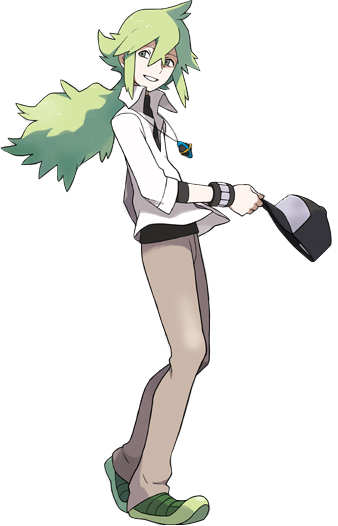 baseball_cap full_body game_freak green_hair green_shoes happy hat hat_off hat_removed headwear_removed jewelry long_hair male male_focus n_(pokemon) necklace nintendo official_art official_artwork ohmura_yusuke pokemon pokemon_(game) pokemon_bw pokemon_bw2 ponytail shirt shoes simple_background smile solo standing transparent_background walking white_background white_shirt wristband