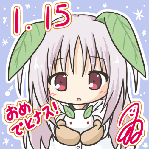 1girl :o bangs blush brown_mittens chibi eyebrows_visible_through_hair fur-trimmed_sleeves fur_trim grey_hair hair_between_eyes holding jacket leaf long_hair long_sleeves looking_at_viewer lowres mittens original outline outstretched_arms parted_lips red_eyes rinechun snow_bunny solo translation_request upper_body white_jacket white_outline
