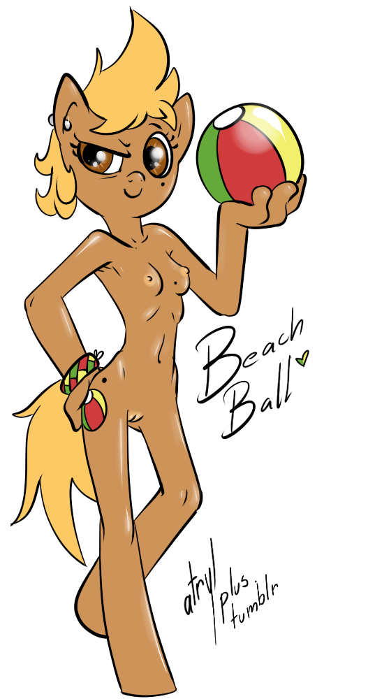 anthrofied atryl beach_ball beach_ball_(character) breasts brown_eyes cutie_mark ear_piercing equine female friendship_is_magic horse mammal my_little_pony nipples nude original_character piercing plain_background pony pussy small_breasts solo white_background