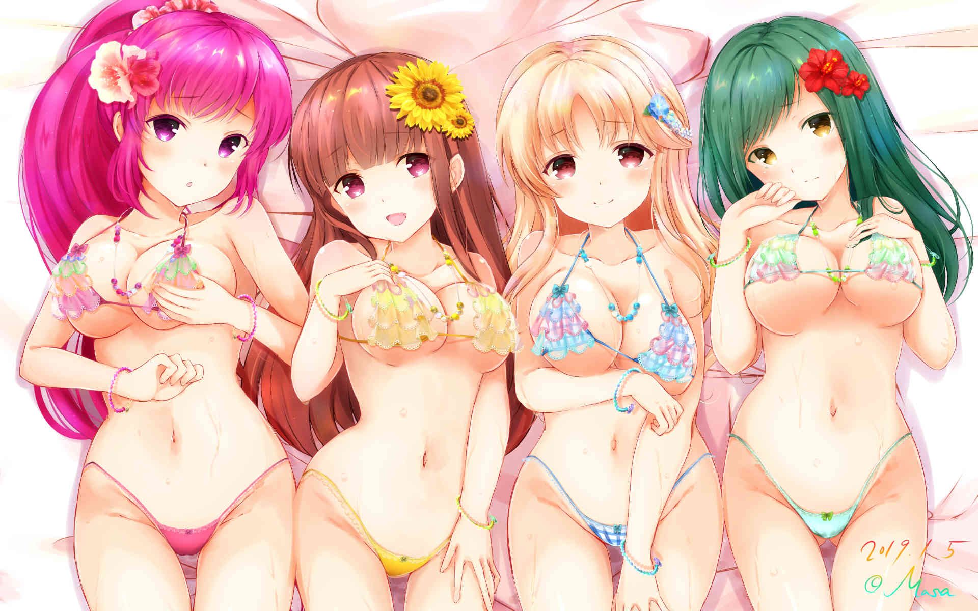 4girls amatsu_kanata arm_under_breasts artist_name asami_kei bare_shoulders bed_sheet bikini blonde_hair blue_bikini blue_flower blush bow bracelet breasts brown_hair chestnut_mouth cleavage closed_mouth collarbone commentary_request dated eyebrows_visible_through_hair flower frilled_bikini frilled_bikini_top frills girlfriend_(kari) green_bikini green_hair hair_flower hair_ornament hand_on_own_chest high_ponytail highres indoors jewelry kokonoe_shinobu large_breasts lineup long_hair looking_at_viewer lying masa_(mirage77) medium_breasts micro_bikini multiple_girls navel on_back on_bed open_mouth pink_flower ponytail purple_bikini purple_eyes purple_hair red_eyes red_flower sasahara_nonoka smile sunflower sunflower_hair_ornament swimsuit thighs wallpaper yellow_bikini yellow_eyes yellow_flower