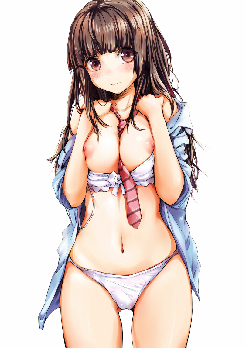 bad_id bad_pixiv_id between_breasts blush bra breasts breasts_outside brown_eyes brown_hair cameltoe kiriyama large_breasts lingerie long_hair navel necktie nipples open_clothes open_shirt original panties shiny shiny_skin shirt simple_background sleeves_pushed_up solo underwear white_background white_bra white_panties