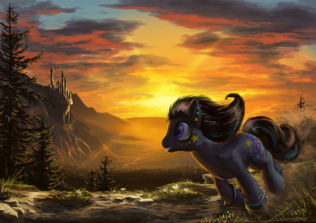 2012 blitztavia bracelet castle cliff cutie_mark detailed_background equine forest friendship_is_magic hair horse huussii jewelry male multi-colored_hair my_little_pony original_character pony purple_eyes river running smile star sun sunset treble_clef tree wood