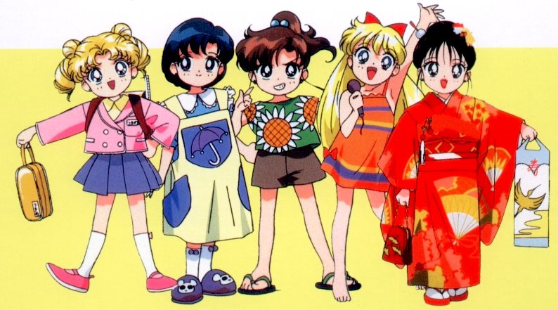 5girls 90's 90s aino_minako barefoot bishoujo_senshi_sailor_moon black_hair blonde_hair blue_hair brown_hair child childhood hino_rei japanese_clothes kids kimono kino_makoto loli microphone mizuno_ami multiple_girls oldschool sailor_mercury sailor_moon sandals tsukino_usagi young younger