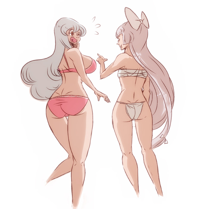 ass bikini breasts closed_eyes dimples_of_venus from_behind fujiwara_no_mokou fundoshi huge_breasts japanese_clothes kamishirasawa_keine long_hair multiple_girls open_mouth red_eyes sarashi sideboob silver_hair slender_waist standing swimsuit tadashi thigh_gap touhou very_long_hair white_hair