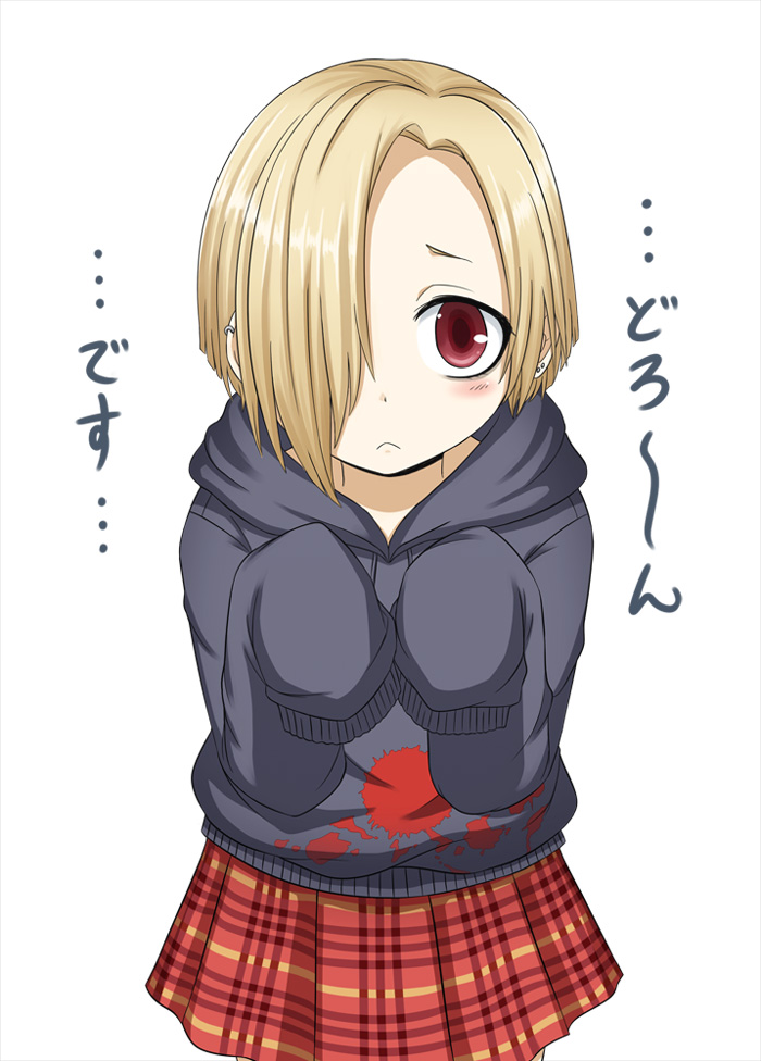 :&lt; blonde_hair earrings hair_over_one_eye hood hoodie idolmaster idolmaster_cinderella_girls jewelry looking_at_viewer pleated_skirt raryuu red_eyes shirasaka_koume short_hair skirt sleeves_past_fingers sleeves_past_wrists