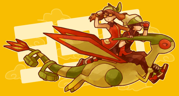 1girl bad_id bad_pixiv_id bandana brown_hair flygon flying gen_3_pokemon glasses gloves green_wings haruka_(pokemon) hat ikra_(katacoly) odamaki_sapphire pokemon pokemon_(creature) pokemon_(game) pokemon_emerald pokemon_rse riding wings yellow_background yuuki_(pokemon)