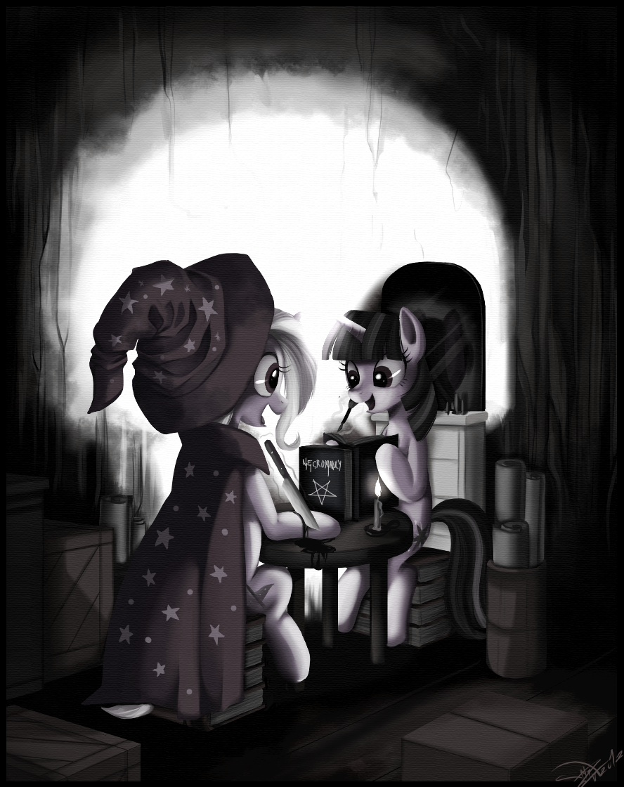 book candle cape equine female friendship_is_magic greyscale horn horse knife mammal monochrome my_little_pony pony ponykillerx smile trixie_(mlp) twilight_sparkle_(mlp) twilight_sparkles_(mlp) unicorn