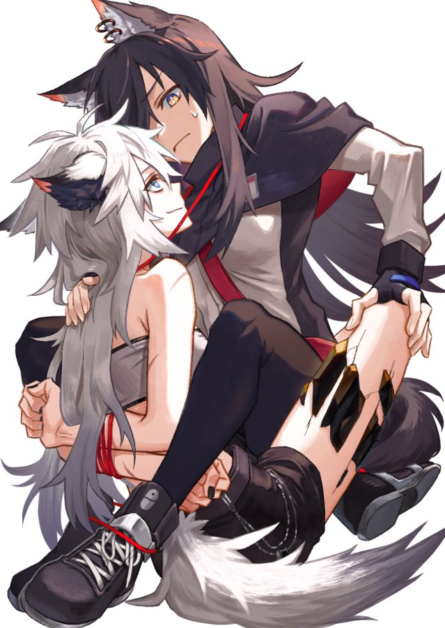 2girls animal_ear_fluff animal_ear_piercing animal_ears antenna_hair arknights arm_support armpit_crease arms_behind_back bandeau bare_arms bare_legs bare_shoulders belt belt_chain black_belt black_capelet black_footwear black_gloves black_hair black_jacket black_nails black_pantyhose black_shorts black_tail blue_eyes boots bound bound_arms breasts bright_pupils capelet chain clenched_hands closed_mouth collared_capelet commentary_request entangled eye_contact fingerless_gloves fingernails floating_hair foreshortening from_side full_body gloves grey_hair grey_tail hair_between_eyes hand_on_another's_knee hand_on_another's_shoulder hand_rest hand_up high_collar hoop_piercing invisible_floor jacket knees knees_up kuroda_(nanchara_flight) lappland_(arknights) leaning leaning_back leaning_forward leaning_on_person long_hair long_sleeves looking_at_another looking_down looking_up medium_breasts messy_hair multicolored_clothes multicolored_jacket multiple_girls multiple_scars nail_polish one_eye_covered oripathy_lesion_(arknights) pantyhose parted_bangs profile scar scar_on_arm scar_on_shoulder shade shadow shoelaces short_shorts shorts shoulder_strap sidelocks simple_background sitting sitting_on_lap sitting_on_person sleeve_cuffs smile smirk spread_legs straight_hair strap string string_of_fate sweatdrop tail texas_(arknights) two-sided_capelet two-tone_jacket unamused very_long_hair white_background white_bandeau white_jacket white_pupils wolf_ears wolf_girl wolf_tail yellow_eyes yuri
