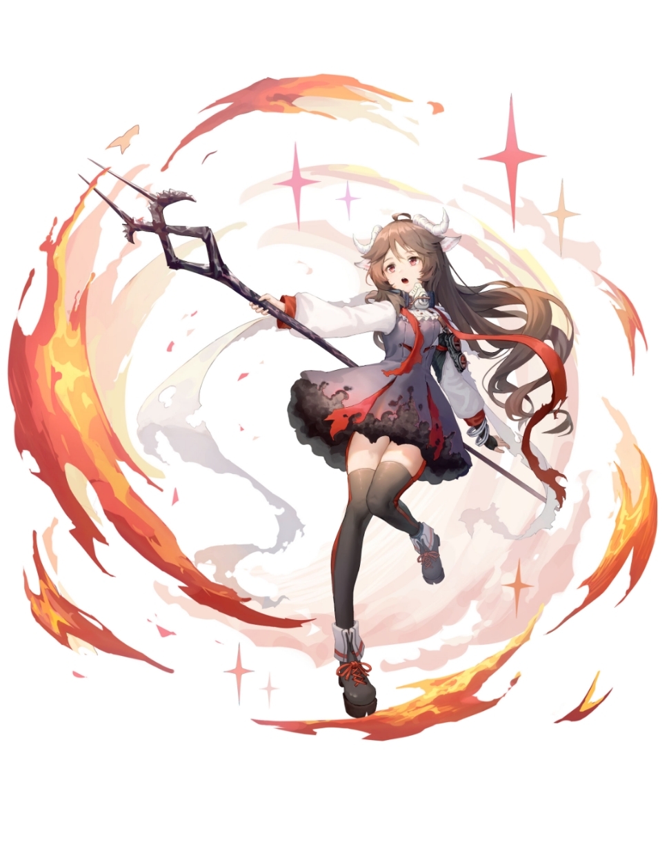 1girl animal_ears arknights black_footwear black_thighhighs brown_hair casting_spell dress eyjafjalla_(arknights) fire goat_ears goat_horns highres holding holding_staff horns looking_to_the_side open_mouth pyrokinesis red_eyes shano_dongxi sparkle staff thighhighs white_background