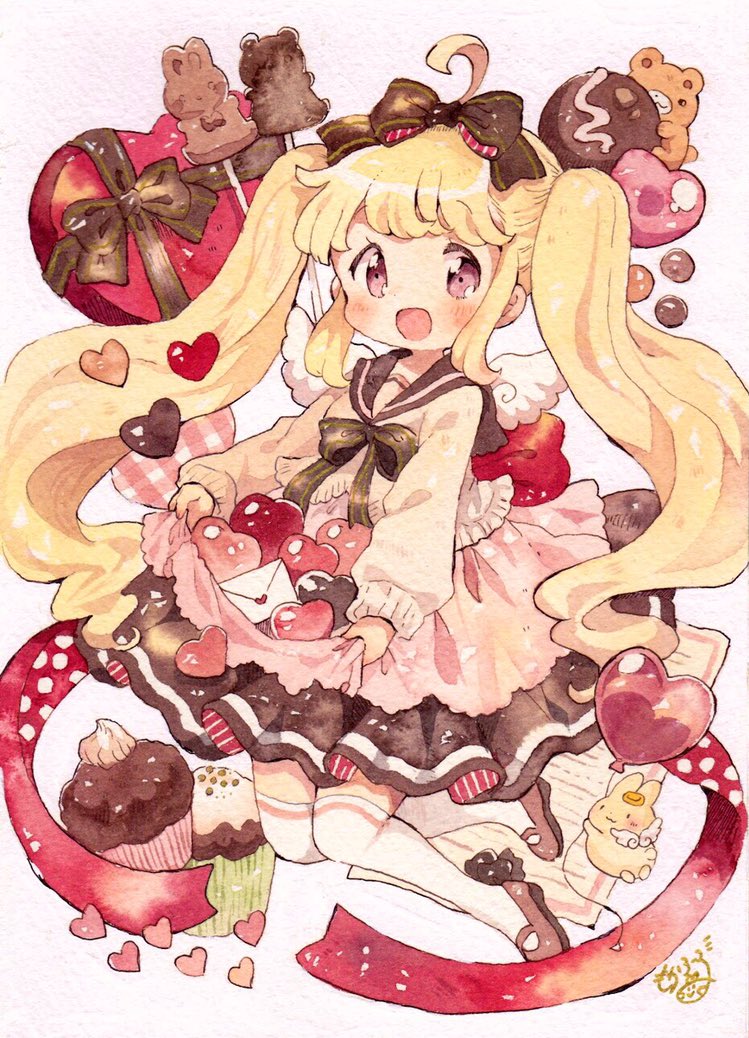 1girl ahoge angel_wings back_bow balloon bear blonde_hair bow bowtie box brown_bow brown_bowtie brown_footwear brown_sailor_collar brown_skirt brown_sleeves brown_sweater chocolate collared_shirt commentary_request cupcake eyelashes food full_body hair_bow heart heart-shaped_box heart_balloon layered_skirt light_blush long_hair long_sleeves looking_at_viewer love_letter mary_janes mini_wings miniskirt mokarooru open_mouth original pink_background pink_eyes pink_skirt pleated_skirt puffy_long_sleeves puffy_sleeves red_bow red_ribbon red_skirt ribbon sailor_collar shirt shoes signature skirt skirt_basket skirt_hold smile solo striped striped_bow striped_skirt sweater thighhighs twintails two-sided_bow two-sided_fabric two-sided_skirt valentine vertical-striped_skirt vertical_stripes very_long_hair white_thighhighs white_wings wings