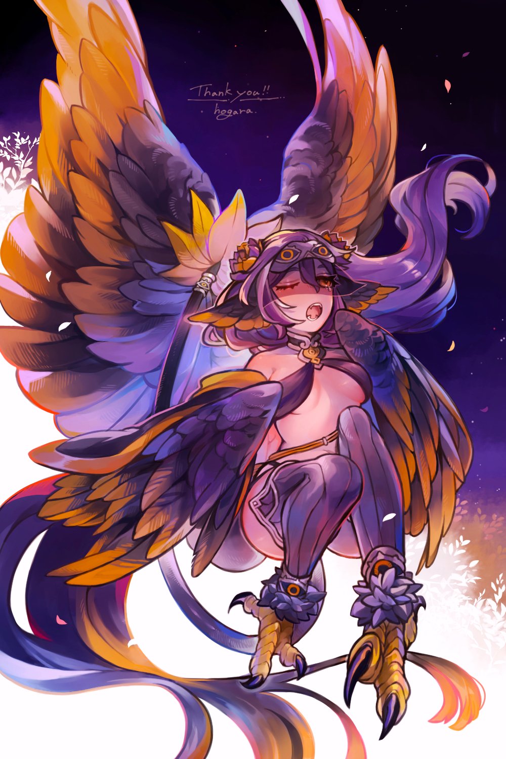 1girl animal_ears animal_feet bird_ears breasts commentary_request eye_mask feathered_wings feathers flower hair_flower hair_ornament harpy highres hogara long_hair medium_breasts monster_girl multiple_wings one_eye_closed open_mouth orange_eyes orange_feathers orange_wings original partially_feathered_tail purple_feathers purple_hair purple_thighhighs purple_wings ribbed_thighhighs solo tail tail_ornament tail_ring talons thighhighs two-tone_wings winged_arms wings yawning