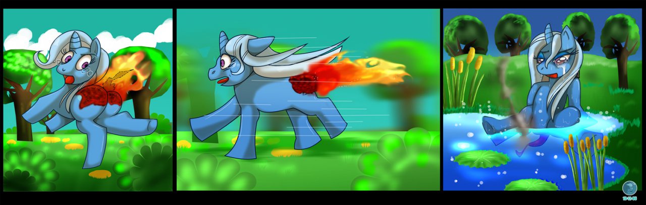 burning butt butt_on_fire digital_media_(artwork) equid equine female feral fire friendship_is_magic hasbro horn horse lily_pad mammal my_little_pony pain plant pond pony smoke solo tail tail_on_fire tokenworks tree trixie_(mlp) unicorn water