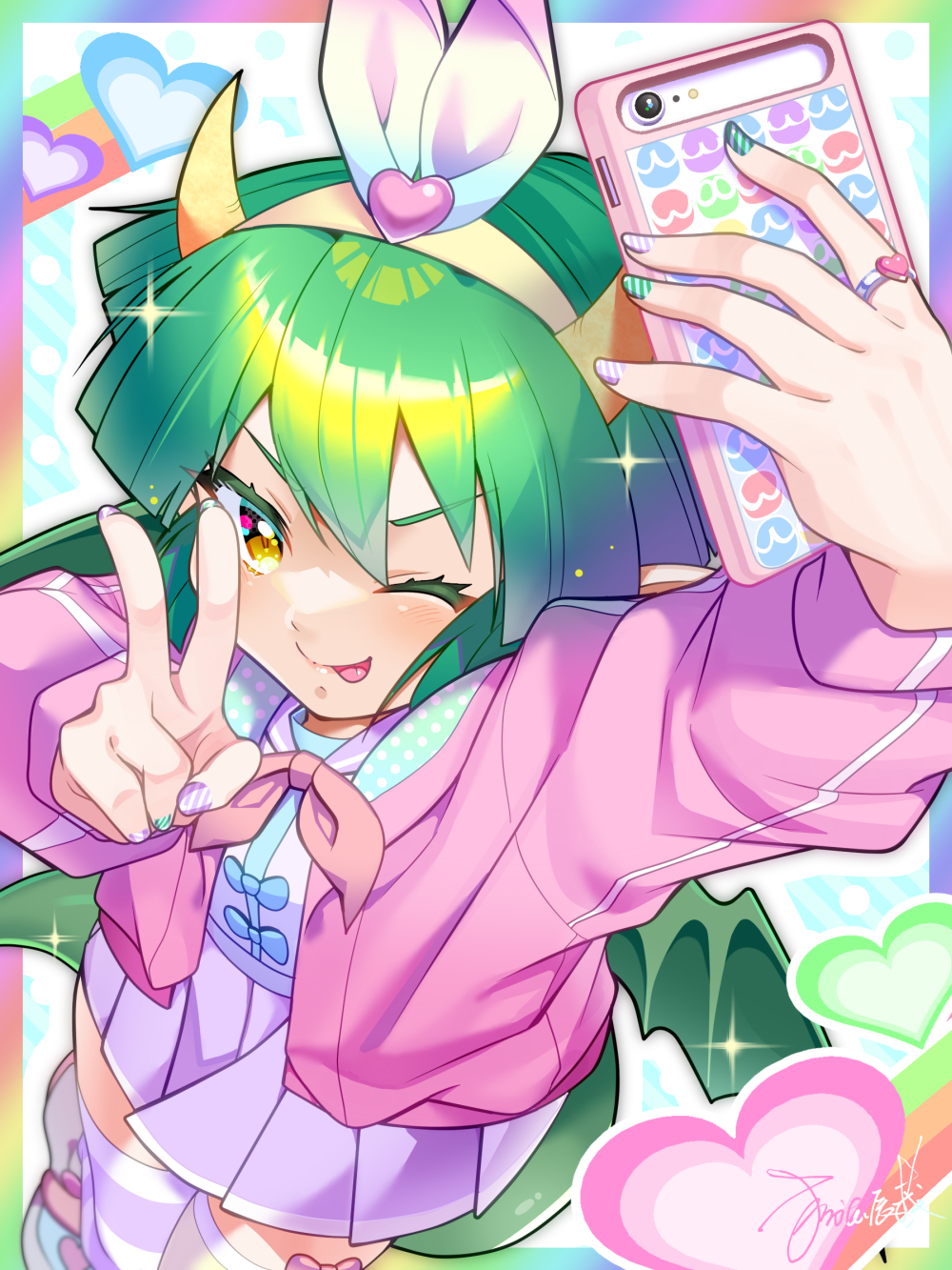 1girl bow bow_hairband cellphone draco_centauros dragon_tail dragon_wings eyelashes green_hair green_wings hairband heart highres holding holding_phone horns jacket jewelry matsumoto-san multicolored_nails nail_polish phone pink_jacket pink_ribbon pointy_ears purple_skirt puyo_(puyopuyo) puyopuyo puyopuyo_quest rainbow_border ribbon ring selfie shirt skirt smartphone smile solo striped striped_nails striped_thighhighs tail thighhighs tongue tongue_out v white_bow white_shirt wings yellow_eyes yellow_horns