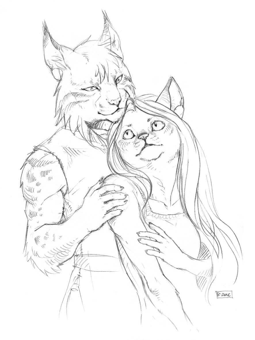 anthro clothed clothing duo eye_contact felid feline female fur hair holding_shoulder looking_at_another lynx male mammal simple_background skitalets smile white_background
