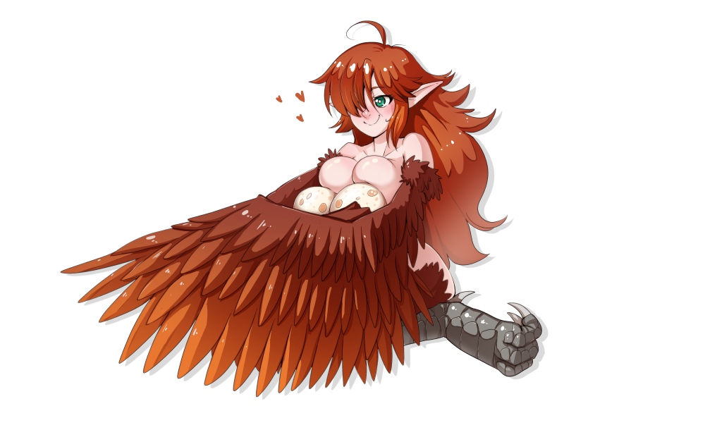 1girl ahoge bankage bird_legs blush bright_pupils brown_feathers brown_hair brown_wings commentary commission egg feathered_wings feathers gradient_wings green_eyes hair_over_one_eye harpy heart hugging_object long_hair monster_girl multicolored_wings nude orange_feathers orange_wings original pointy_ears simple_background smile solo talons very_long_ears white_background winged_arms wings