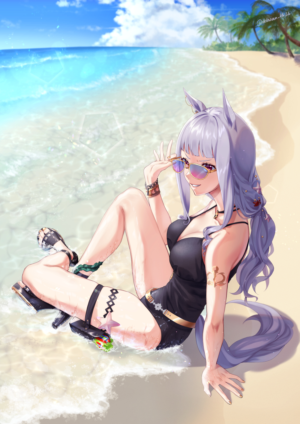 1girl animal_ears bare_shoulders beach black_footwear blue_sky blunt_bangs bracelet breasts cleavage cloud cloudy_sky commentary_request dela ear_ornament feet gold_ship_(run_revolt_launcher)_(umamusume) gold_ship_(umamusume) grey_hair high_heels highres holster horse_ears horse_girl horse_tail jewelry knee_up large_breasts legs long_hair nail_polish necklace ocean official_alternate_costume official_alternate_hairstyle on_ground outdoors palm_tree ponytail sand sandals sky solo starfish strappy_heels sunglasses tail thigh_holster thigh_strap toenail_polish toenails toes tree umamusume water water_gun
