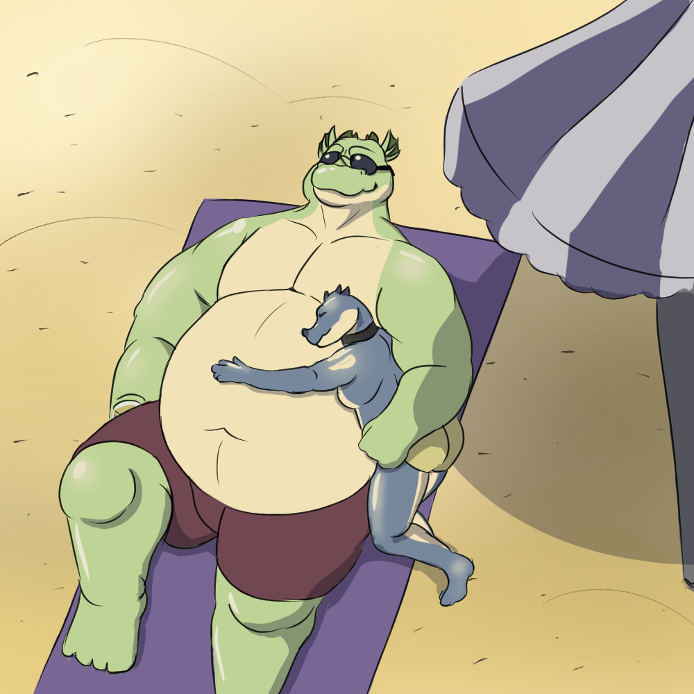 anthro arm_around_partner beach belly belly_hug big_belly butt clothing collar cuddling duo embrace eyewear glistening glistening_body hug jester-x09 kobold laying_on_ground male male/male overweight overweight_anthro overweight_male raised_knee relaxing sand seaside shadow size_difference smaller_male smile soft_belly sunbathing sunglasses swimwear towel umbrella under_shade