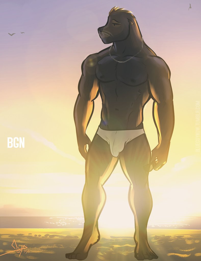 abs anthro beach bgn biceps biped blonde_hair brown_body brown_fur california_sea_lion chain clothed clothing deltoids digital_media_(artwork) ear_piercing ear_ring feet full-length_portrait fur gold_(metal) gold_chain hair light male mammal marine mendo_(bgn) muscular muscular_anthro muscular_male muscular_thighs navel nipples obliques outside pantsless pantsless_male pecs piercing pinniped portrait ring_piercing sand sea_lion seaside shirtless shirtless_male sky smile solo speedo standing sunlight sunrise swimwear toes triceps underwear underwear_only water