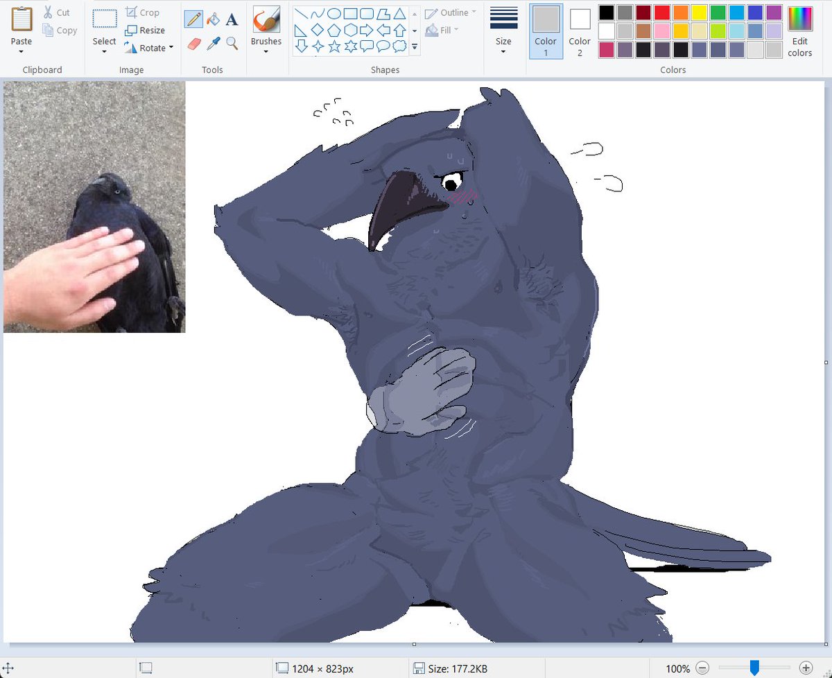 abs anthro armpit_hair avian beak belly_rub bird blush bodily_fluids body_hair butt_from_the_front corvid corvus_(genus) crotch_tuft crow disembodied_hand duo feathers happy_trail kogito male microsoft_paint nipples nude oscine passerine pecs perineum raised_arms reading reference_image sweat tail_feathers tuft