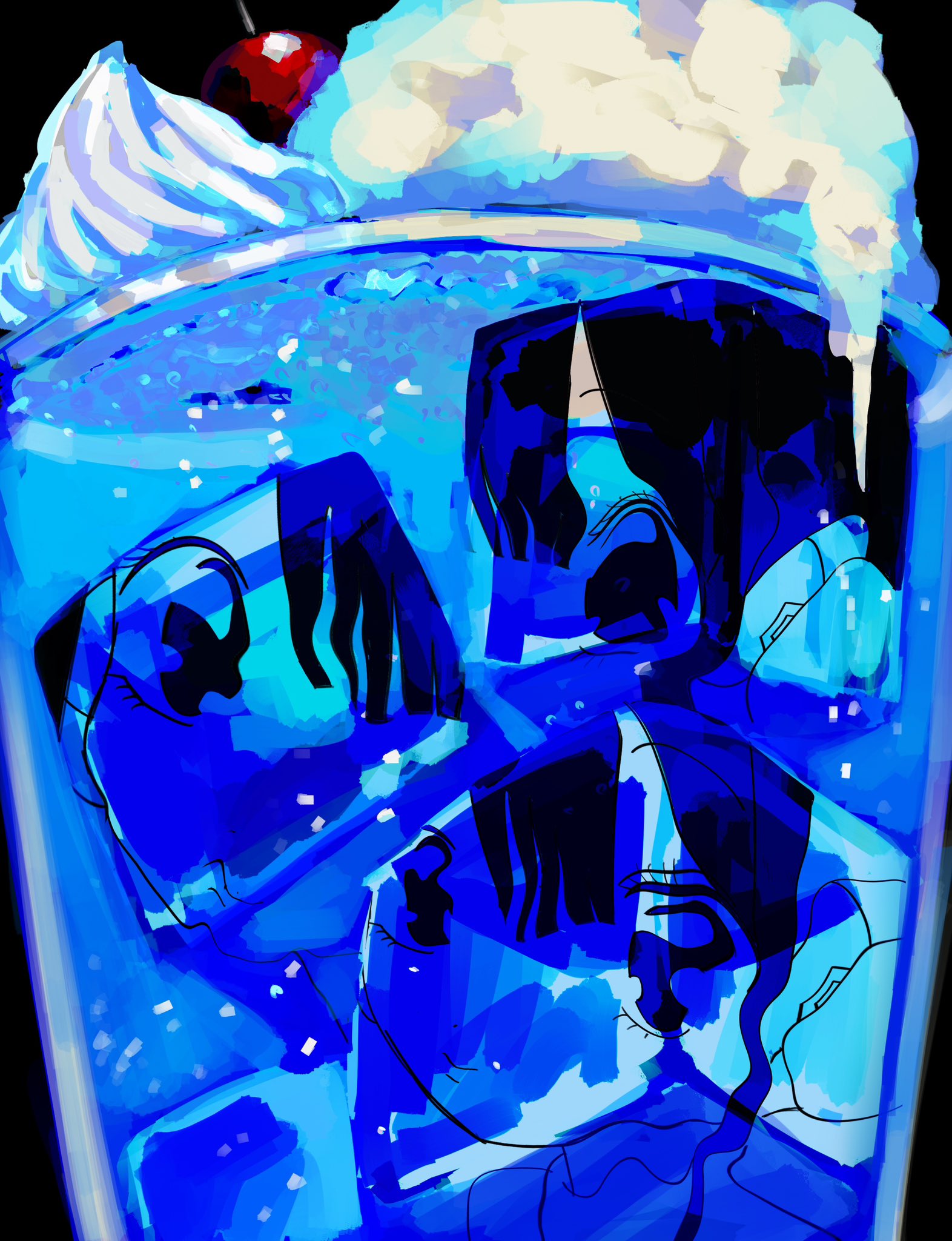 1girl black_background black_hair blue_theme cherry closed_mouth cup drinking_glass food fruit hair_between_eyes headgear highres ice ice_cream ice_cream_float ice_cube looking_at_viewer original refraction solo urokogaran