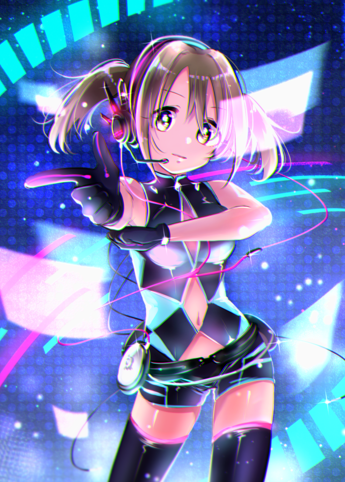 1girl bare_shoulders black_gloves black_shorts black_thighhighs breasts brown_eyes brown_hair closed_mouth cowboy_shot dot_nose front_slit glint gloves hands_up headset idolmaster idolmaster_cinderella_girls idolmaster_cinderella_girls_starlight_stage imai_kana jamu looking_at_viewer medium_breasts midriff_peek multicolored_background navel pointing pointing_at_viewer shirt short_hair short_shorts shorts sleeveless sleeveless_shirt smile solo standing thighhighs twintails two-tone_shirt