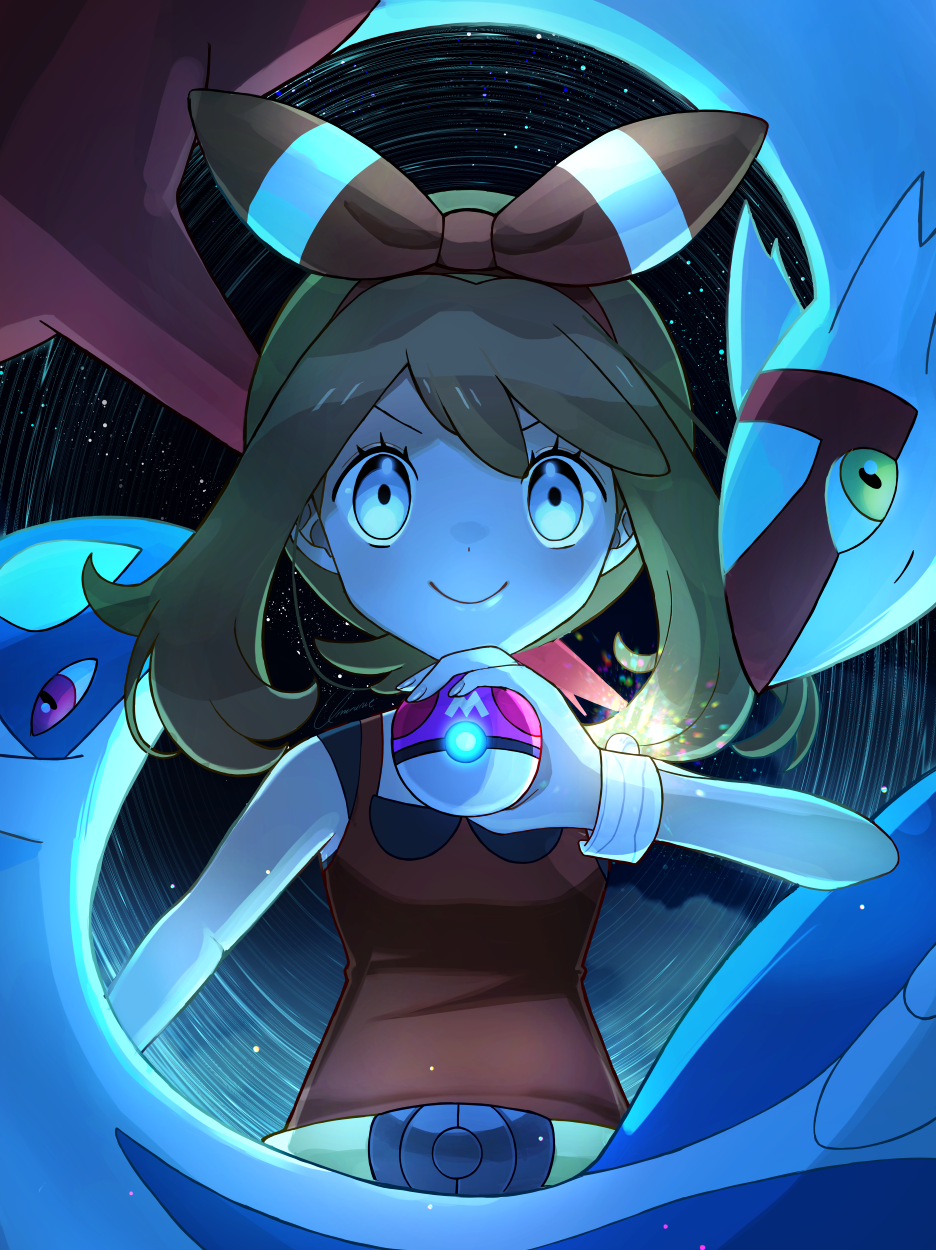 1girl blue_eyes breasts brown_hair hair_ribbon highres holding holding_poke_ball latias latios master_ball may_(pokemon) medium_hair night night_sky poke_ball pokemon pokemon_(creature) purple_eyes red_ribbon red_shirt ribbon shirt sky sleeveless sleeveless_shirt smile umirunie white_wristband yellow_eyes